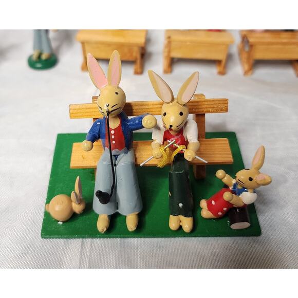 VINTAGE ERZGEBIRGE Easter Wood Bunny Rabbit Figurines Germany School Bench - Picture 2 of 12